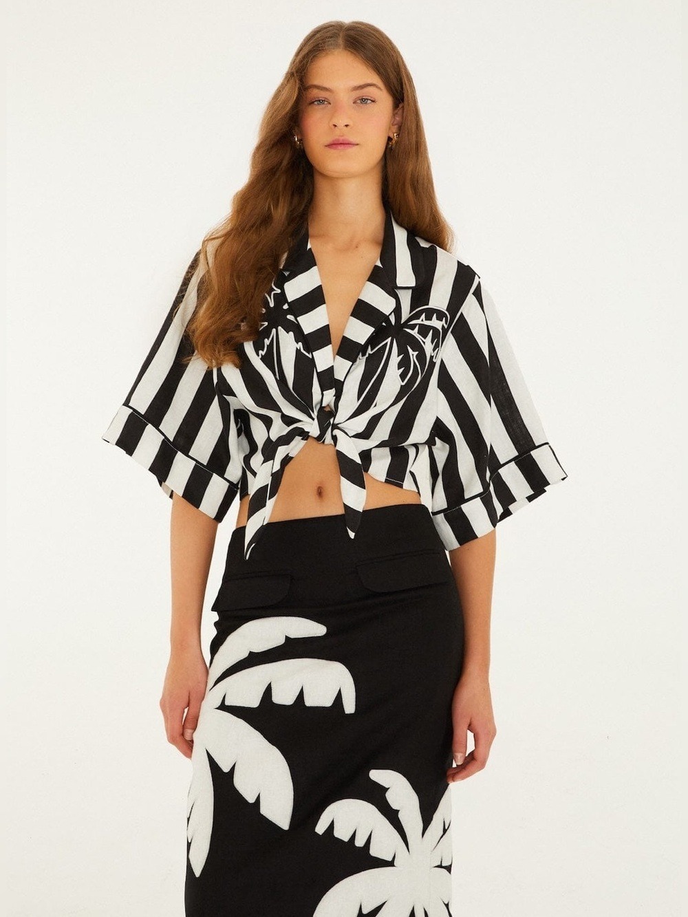 Farm Rio Black Spring Stripes Short Sleeve Crop Top